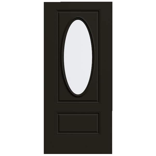 JELD-WEN 36 in. x 80 in. 1 Panel 3/4 Lite Oval Right-Hand/Inswing Clear Glass Black Steel Front Door Slab