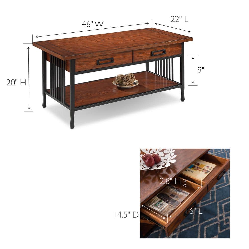 Mission Oak and Black Rectangular Wood Coffee Table with Storage