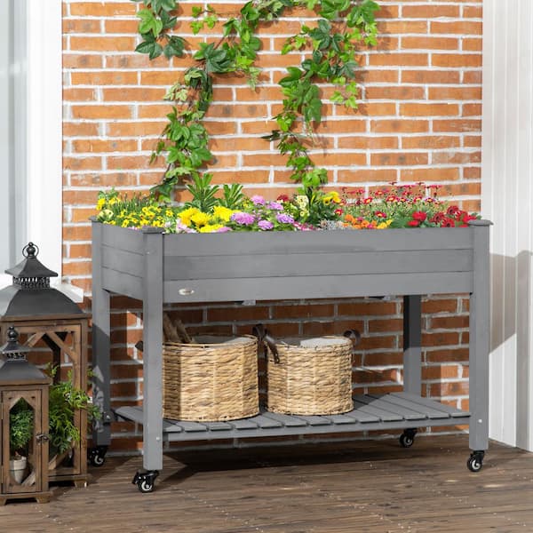 Unbranded 47 in. W x 22 in. D x 33 in. H Gray Wood RaisedGardenBed with Storage Shelf,Bed Liner and Lockable Wheels for Garden