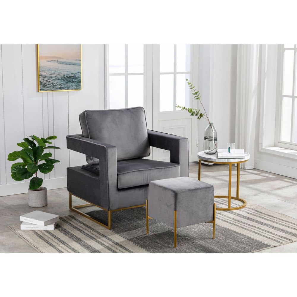 Ethan Contemporary Gray Velvet Accent Stool with Gold Finish Legs