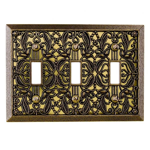 AMERELLE Filigree 3 Gang Toggle Metal Wall Plate - Antique Brass