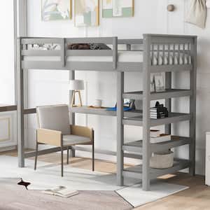 Twin Size Loft Bed with Desk and Storage Shelves, Wood Loft Bed Frame with Guard Rail for Kids, Teens, Adults, Gray