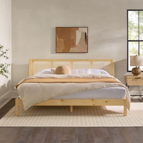 Welwick Designs Modern Beige Wood Frame King Platform Bed with Wood and Rattan Panel Headboard