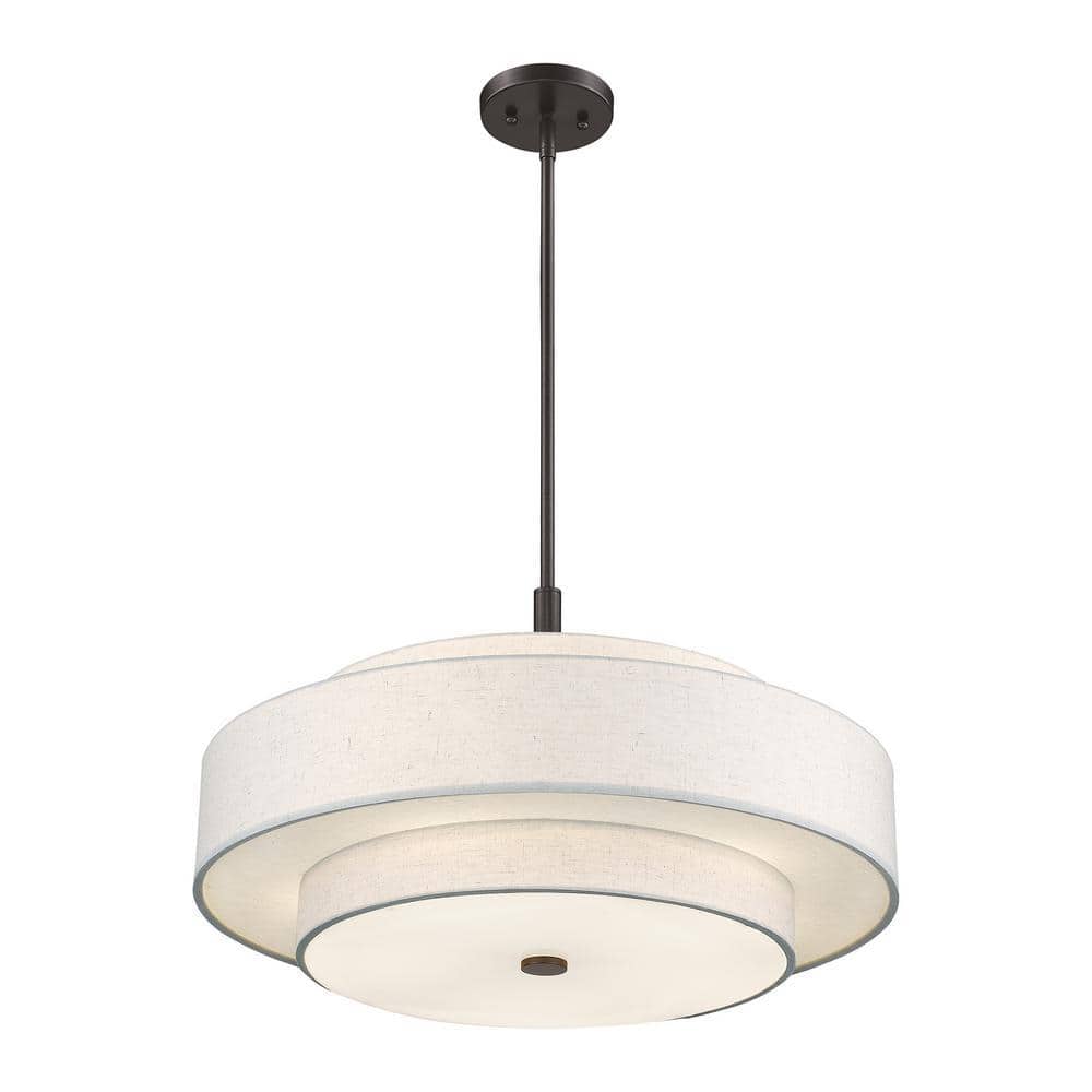 English Bronze Drum Shade Pendant Light with Oatmeal Fabric