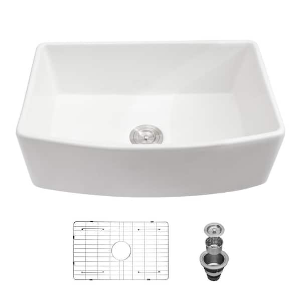 Whatseaso 33 in. Farmhouse Single Bowl White Ceramic Kitchen Sink with 304 Stainless Steel Dish Grid
