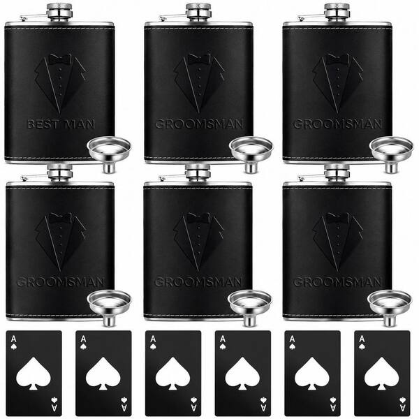 Set of 6 Stainless Steel Tuxedo Hip Flasks 8oz with Bottle Openers for Groomsmen Wedding Party Groomsman