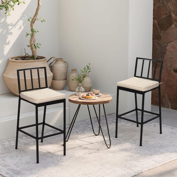 Metal Outdoor Bar Stool with Beige Cushion (2-Pack)
