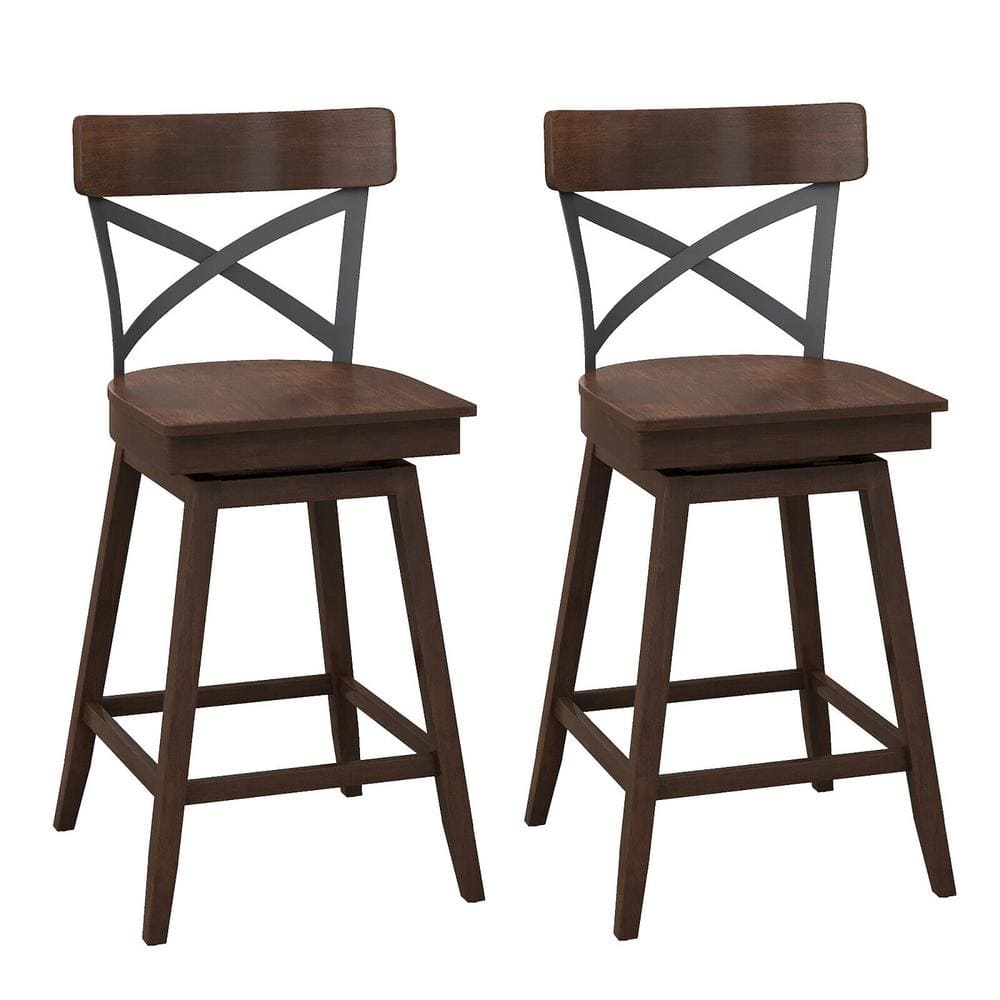 Gymax Set of 2 24 in. Brown Metal Swivel Bar Stools Counter Height