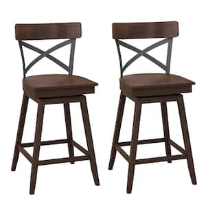 Set of 2 24 in. Brown Metal Swivel Bar Stools Counter Height Kitchen Chairs w/Back