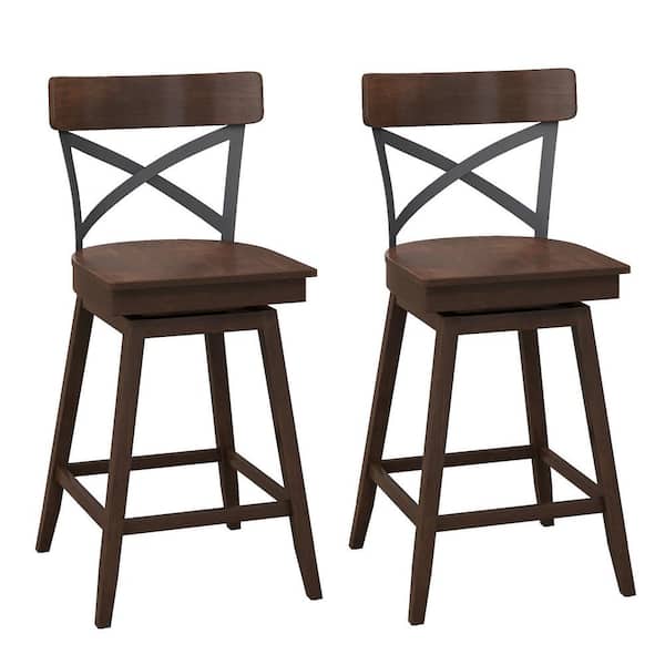 Gymax Set of 2 24 in. Brown Metal Swivel Bar Stools Counter Height Kitchen Chairs w/Back
