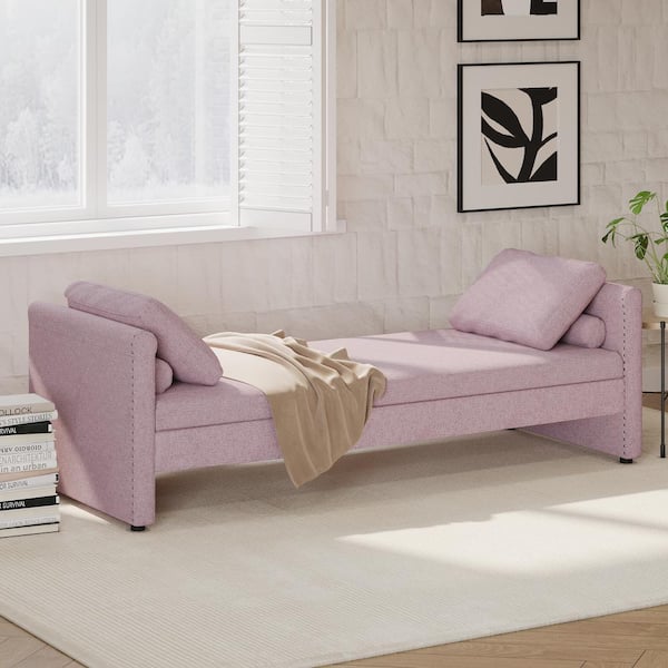 Pink Linen Upholstered Chaise Lounge with 2 Pillows