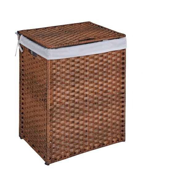 26.4 Gal. Laundry Hamper with Lid PE Rattan Powder Coating Frame Clothes Hampers with 2 Removable Bags, Brown Deck Box