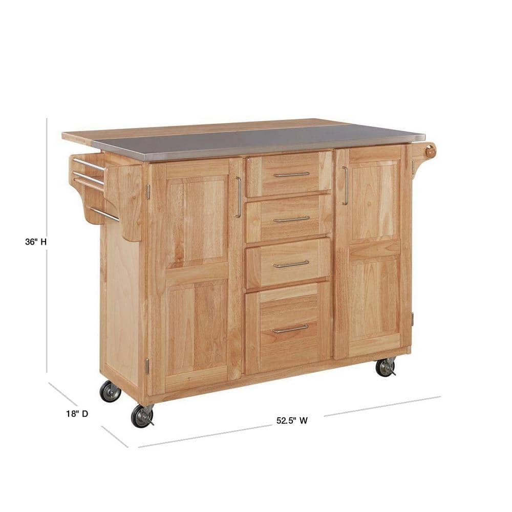 Natural Wood Kitchen Cart with Stainless Steel Top and Drop Leaf