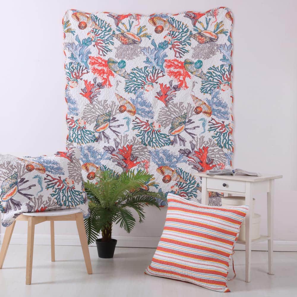 Atlantis Coral and Stripe Reversible Quilted Throw