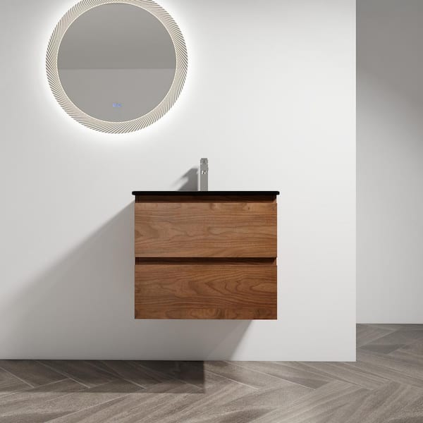 Unbranded 24 in. W x 18 in. D x 20 in. H Single Sink Wall-Mounted Bath Vanity in Brown Oak with Black Ceramic Top