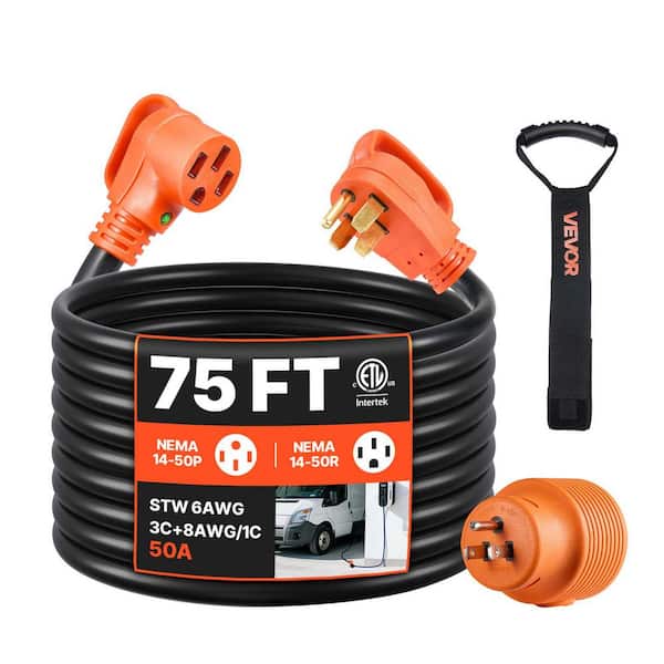 75 ft. STW 6 / 3 + 8/1 Gauge Wire 50 Amps 125V RV Marine Extension Cord, Heavy Duty NEMA 14-50P Male NEMA 14-50R Female