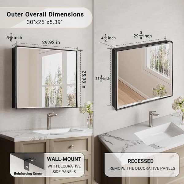 Musey 30 in W x 26 in H Black Rectangular Aluminum Medicine Cabinet with Beveled Mirror and Shelves, Recessed or Surface