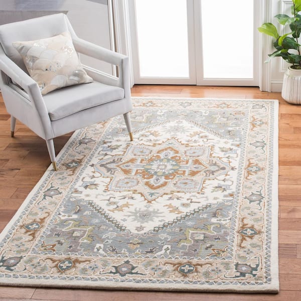 Heritage Ivory/Light Blue 6 ft. x 6 ft. Border Floral Medallion Square Area Rug