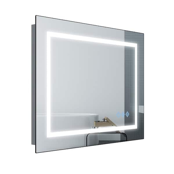 FUNKOL 24 in. W x 32 in. H Framed Rectangular Silver Glossy Brushed LED Wall Mounted Bathroom Vanity Mirror