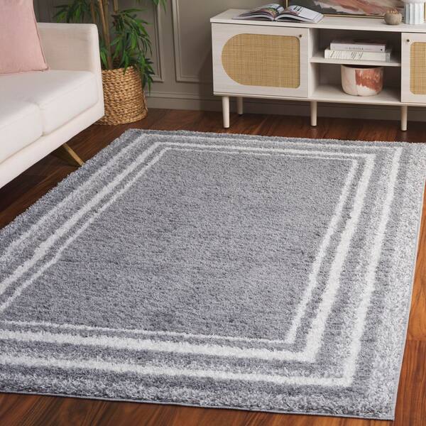 Border and Stripe Shag 4 ft. x 6 ft. Gray/Ivory Concentric Border Area Rug