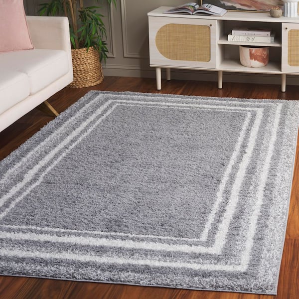 Border and Stripe Shag 5 ft. x 8 ft. Gray/Ivory Concentric Border Area Rug