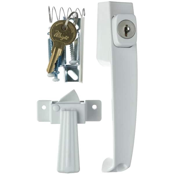 Tie Down Keyed Push Button Door Latch for Screen and Storm Doors, White