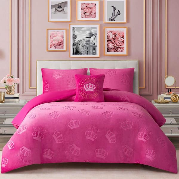 JUICY COUTURE Embossed Plush Crown 3-Piece Hot Pink Damask