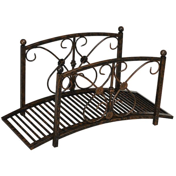 Otryad 3.3 ft. Metal Arch Zen Garden Bridge with Safety Siderail Footbridge Delicate Floral Scrollwork Stream Fish Pond-Brown