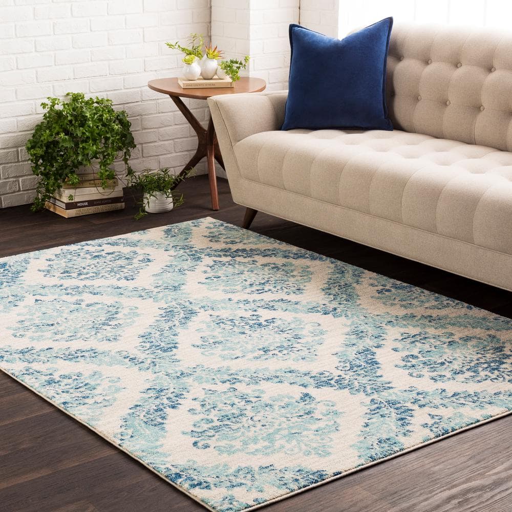Blue and Beige Rectangular Synthetic Area Rug, 5' x 7'