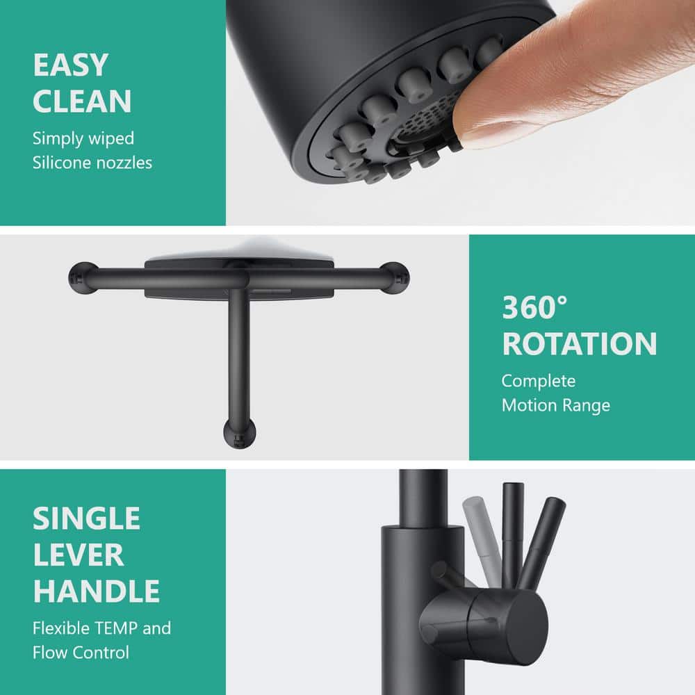 Matte Black Single Handle Pull Down Kitchen Faucet with Soap Dispenser