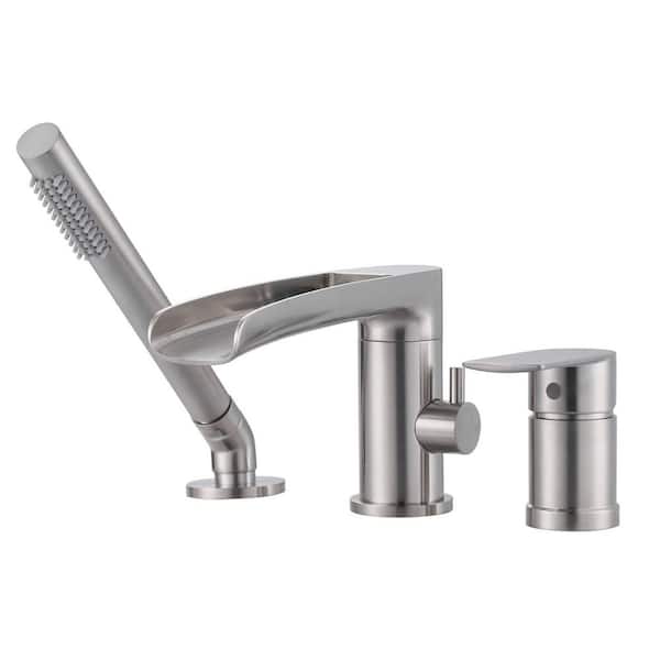 Single-Handle Deck-Mount Roman Tub Faucet with Hand Shower in Brushed Nickel