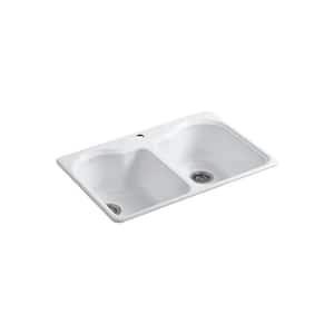 Hartland Cast Iron 33 in. 1-Hole Double Bowl Drop-In Kitchen Sink in White