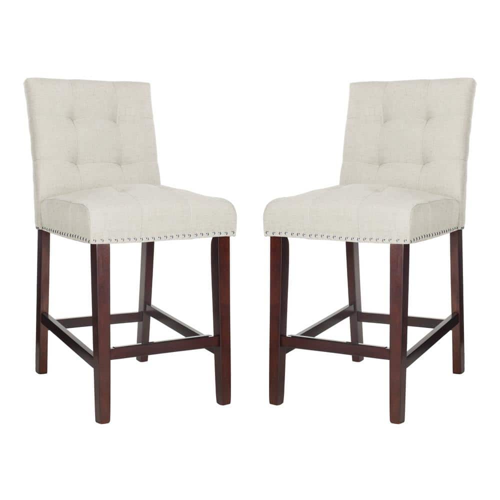 Light Grey Tufted Linen Counter Stools with Chrome Nail Head Trim