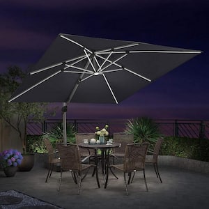 9 ft. Square Aluminum Solar Powered LED Patio Cantilever Offset Umbrella with Stand, Gray