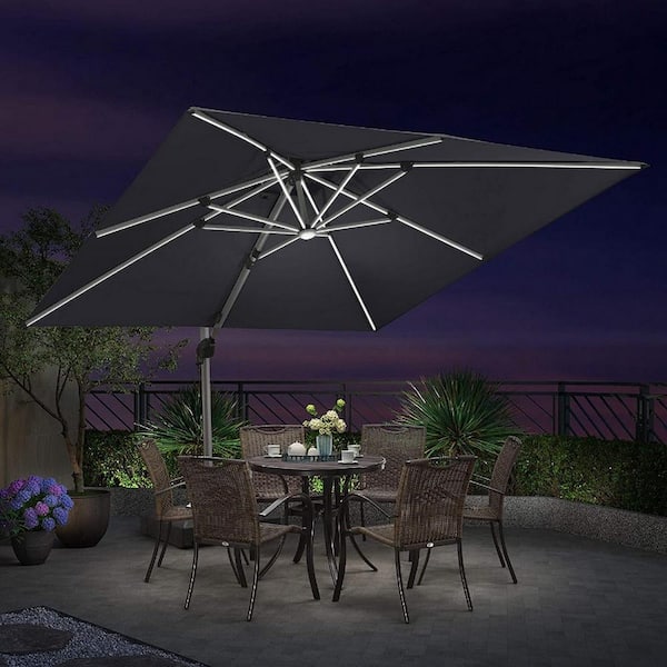 PURPLE LEAF 9 ft. Square Aluminum Solar Powered LED Patio Cantilever Offset Umbrella with Stand, Gray