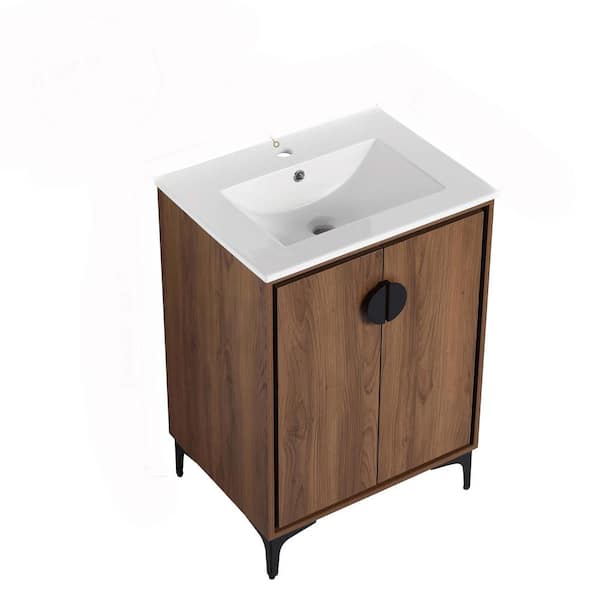 Unbranded 24 in. W x 18.31 in D. x 33.86 in. H Engineered Wood Bath Vanity in Brown with White Ceramic Top and Soft Closing Doors