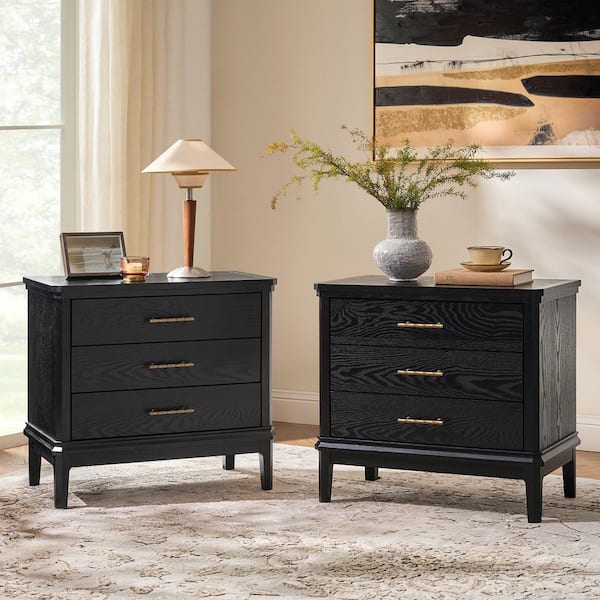 Jess Black 3-Drawer 28 in. W Nightstand Set of 2 with Built-In Charging Station