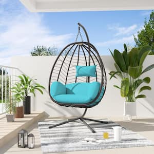 Outdoor Indoor Wicker Egg Swing Chair with Stand 350 lbs. Capacity Strong Frame Blue Cushions, Patio, Balcony, Bedroom
