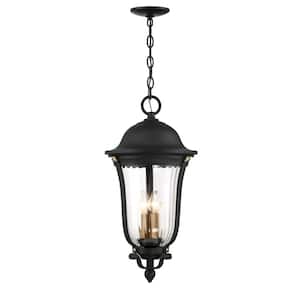 Peale Street 4-Light Sand Black and Vermeil Gold Outdoor Lantern Pendant with Clear Ribbed Glass