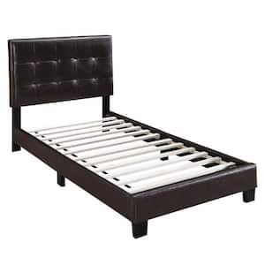 Brown Wooden Frame Twin Platform Bed with Checkered Tufted Headboard