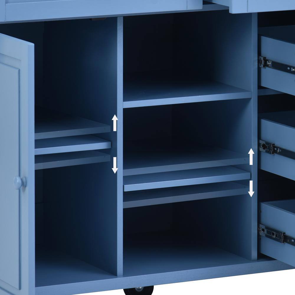 Blue Wood 53" Rolling Kitchen Cart with Spice Rack and Storage