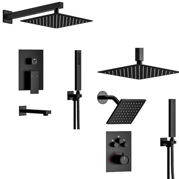 YAWWALK 10 in. and 12 in. Dual Shower Head Triple Handles 3-Spray Tub and Shower Faucet 2.5 GPM in Matte Black Valve Included