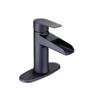 Waterfall Single Handle Single Hole Low-Arc Bathroom Faucet with Deckplate and Drain Kit Included in Matte Black