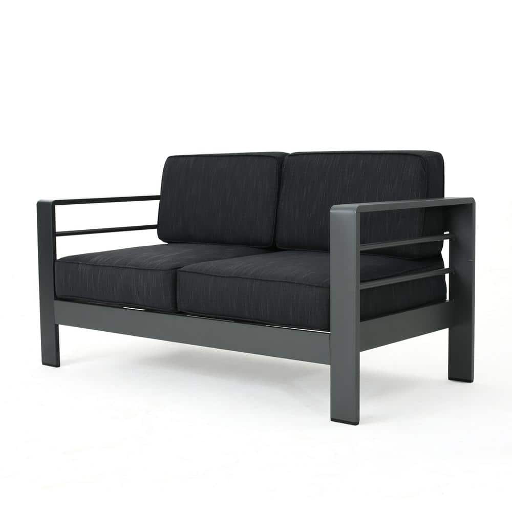 Noble House Miller Gray Metal Outdoor Loveseat with Dark Gray Cushions 16048 The Home Depot