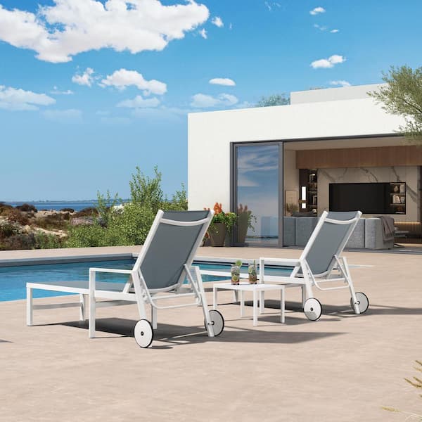 Aluminum White Frame Metal Outdoor Chaise Lounge Chair with Wheels and Armrests Recliner Chair, Steel Blue