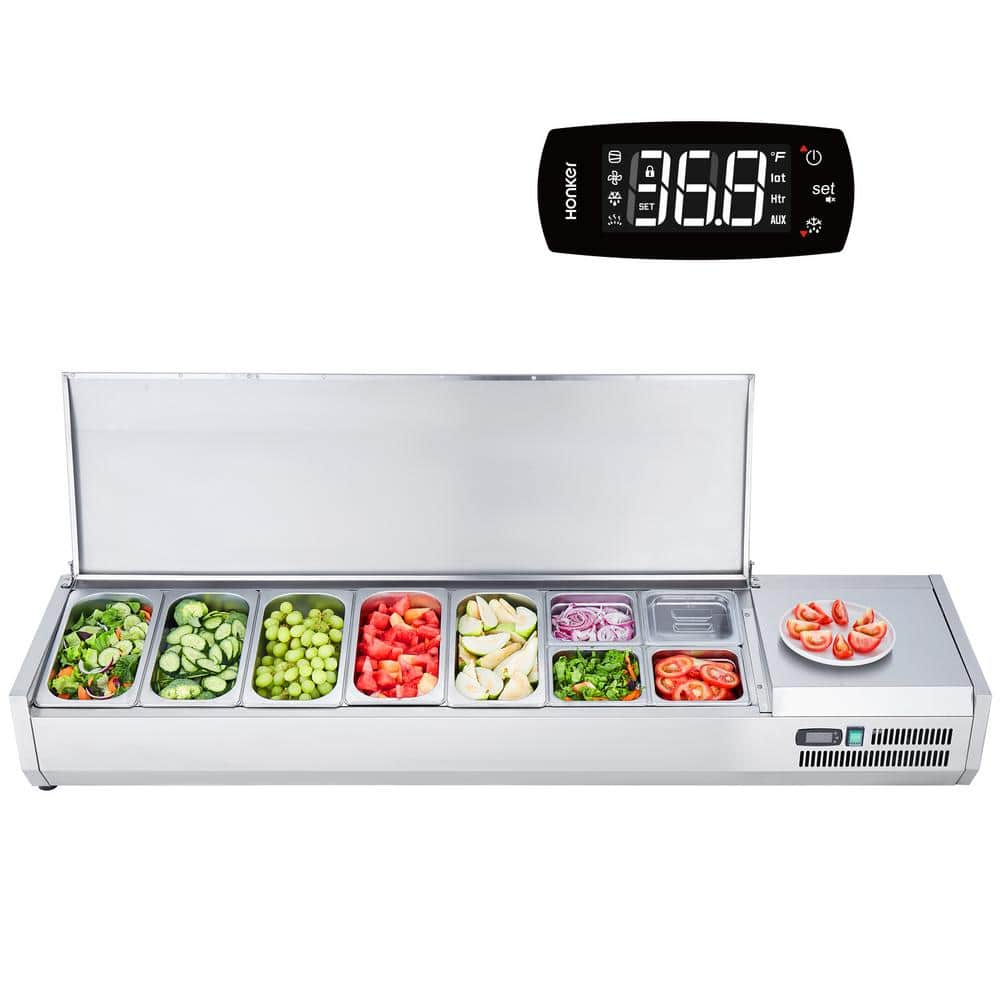 Refrigerated Condiment Prep Station 160 W Countertop Unit 5 1/3 Pans and 4 1/6 Pans, 304 Stainless Steel Body and PC Lid