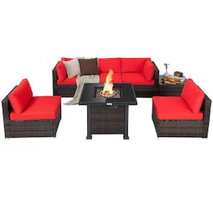 7-Piece Plastic Wicker Patio Conversation Set with Red Cushion Fire Pit Table Cover Glass Top