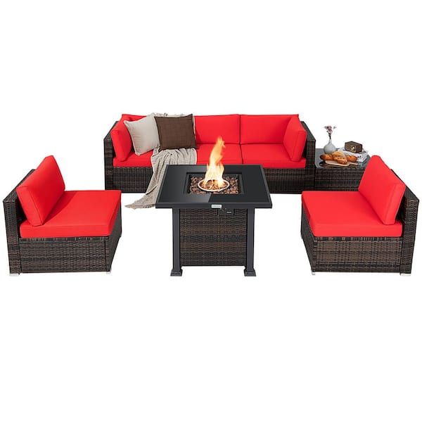 Costway 7-Piece Plastic Wicker Patio Conversation Set with Red Cushion Fire Pit Table Cover Glass Top
