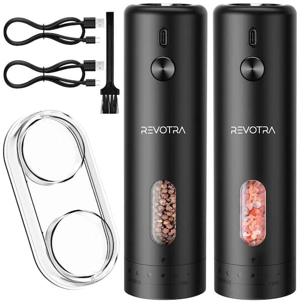 Automatic Salt and Pepper Grinder Set with 6 Coarseness Levels, 110 ml, LED Light and Transparent Base, 2-Pack