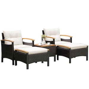 5-Piece Wood Wicker Patio Conversation Set with Off White Cushions Coffee Table and 2 Ottomans
